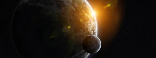 Distant planet system in space with exoplanets 3D rendering elem