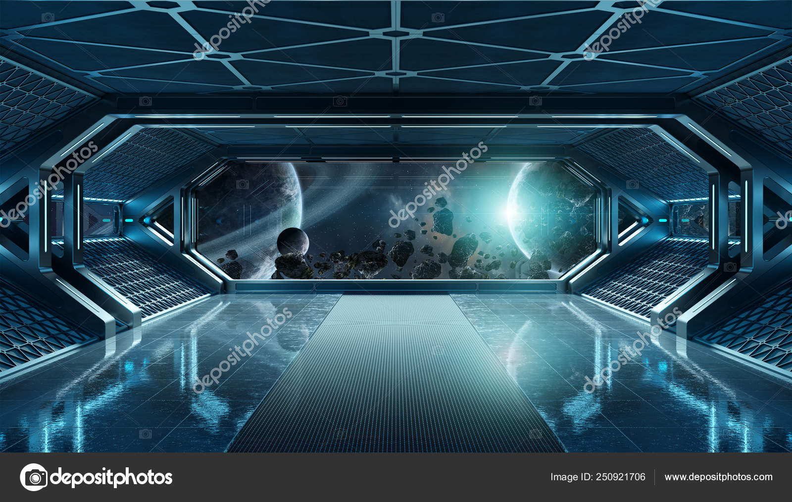 Dark Blue Spaceship Futuristic Interior With Window View On