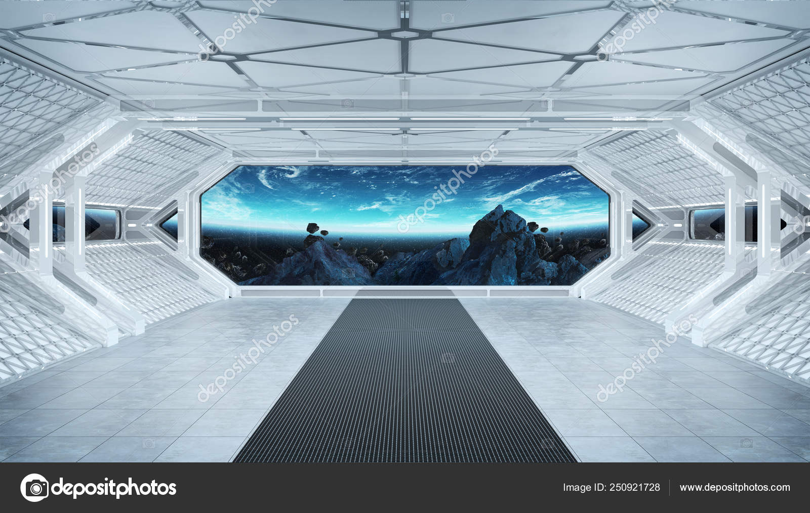 White Blue Spaceship Futuristic Interior With Window View On