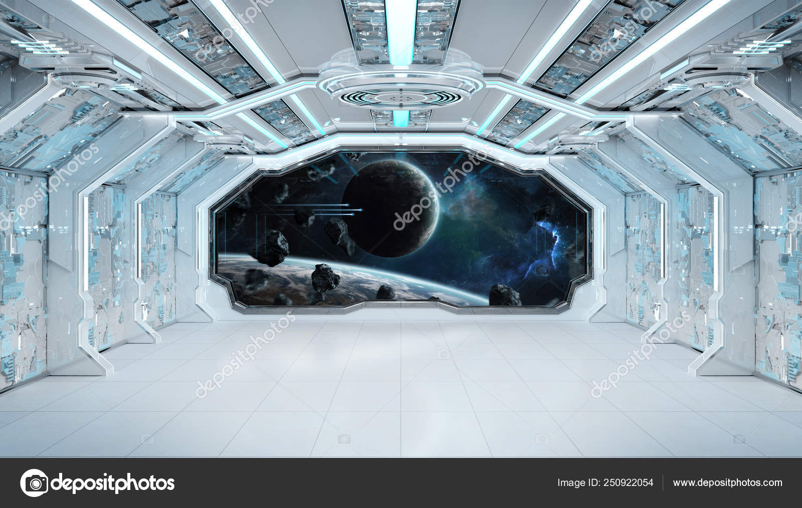 White Blue Spaceship Futuristic Interior With Window View On