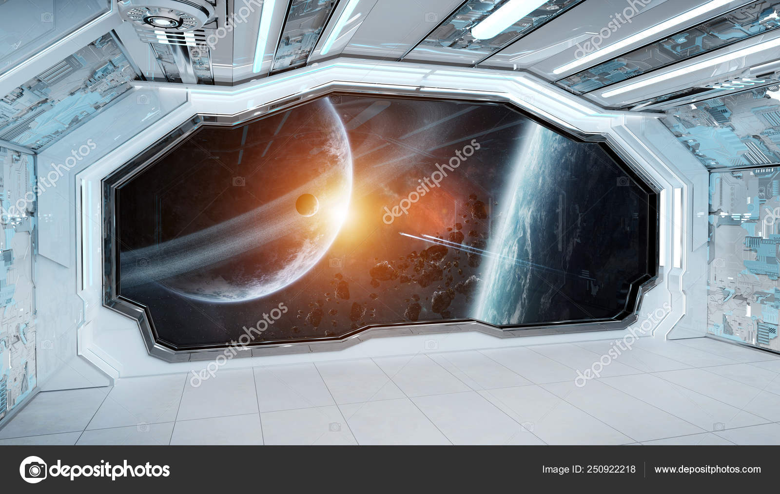 White Blue Spaceship Futuristic Interior With Window View On