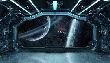 Koyu mavi uzay gemisi fütüristik iç spac pencere Manzaralı
