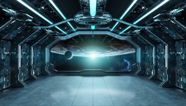 Koyu mavi uzay gemisi fütüristik iç planı üzerinde pencere Manzaralı