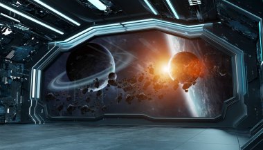 Koyu mavi uzay gemisi fütüristik iç spac pencere Manzaralı