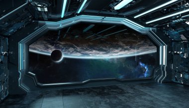 Koyu mavi uzay gemisi fütüristik iç planı üzerinde pencere Manzaralı