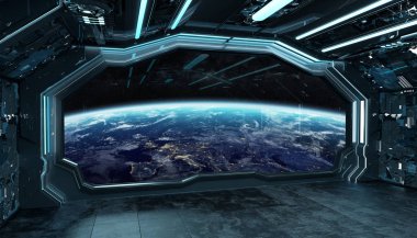 Koyu mavi uzay gemisi fütüristik iç planı üzerinde pencere Manzaralı