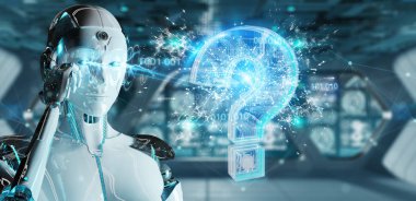 Cyborg dijital soru işaretleri 3d render ile sorun çözme