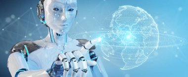 Dünya ağ hologram Amerika ABD ile kullanan beyaz robot kadın 