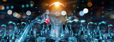 Grup lideri cyborg ordu 3d render takip erkek robotlar