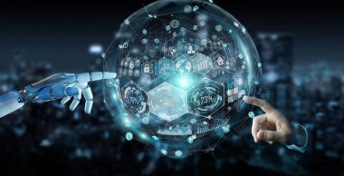 Dijital grafik arabirimi 3d rendering kullanarak beyaz cyborg ele