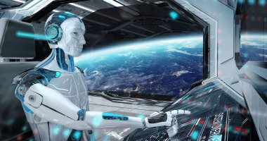 Robot bir beyaz modern uzay gemisi galibiyetle uçan bir kontrol odasında