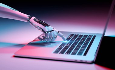 Robot el bir dizüstü 3d render bir klavye tuşuna basarak