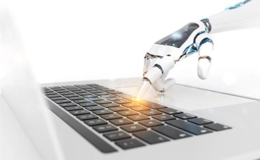 Beyaz robot cyborg el laptop 3d rende üzerinde bir klavye tuşuna basarak