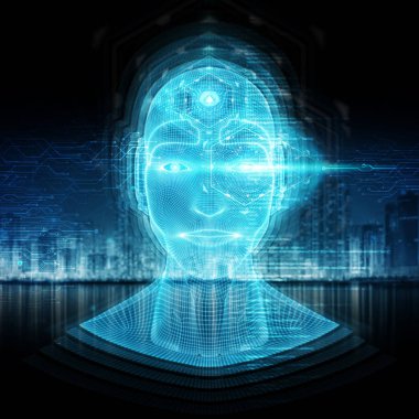 Bir robot cyborg baş kavramı 3d render ile akıllı makine