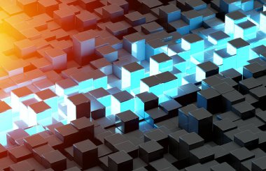 Parlak siyah mavi ve turuncu kareler arka plan 3d model parçalamak