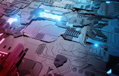 Fütüristik mavi ve pembe teknoloji paneli arka plan ile lots-in deta