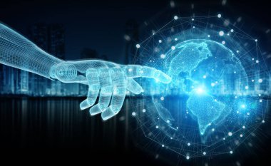 Wireframed mavi robot el dijital dünya üzerinde karanlık backgr dokunmadan