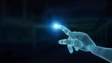 Wireframed robot el işaret parmağı üzerinde karanlık 3d Render mavi