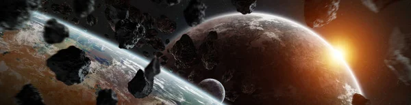 Panorama do sistema de planetas distantes no espaço elementos de renderização 3D — Fotografia de Stock