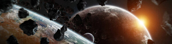 Panorama of a distant planet system from space during sunrise 3D rendering elements of this image furnished by NASA