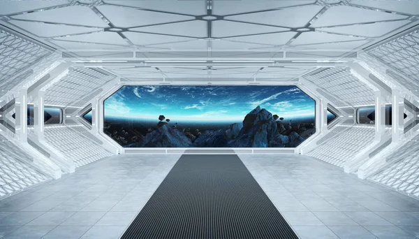Branco azul nave espacial futurista interior com vista para a janela no spa — Fotografia de Stock