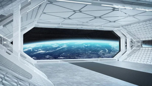 Branco azul nave espacial futurista interior com vista para a janela em pla — Fotografia de Stock