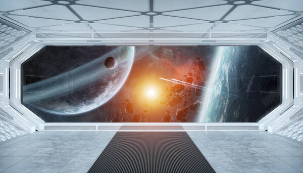 White blue spaceship futuristic interior with window view on space and planets 3d rendering elements of this image furnished by NASA