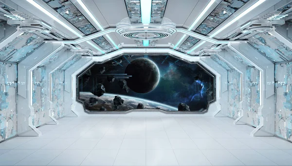 Nave spaziale blu bianca interno futuristico con vista finestra sul centro benessere — Foto Stock