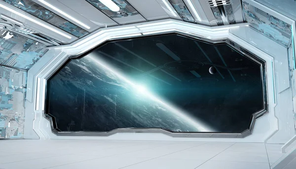 Beyaz mavi uzay gemisi fütüristik iç pencere manzaralı pla — Stok fotoğraf