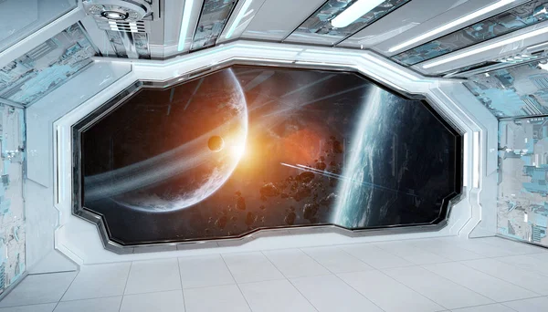 Футуристический интерьер белого синего космического корабля с видом на спа-салон — стоковое фото