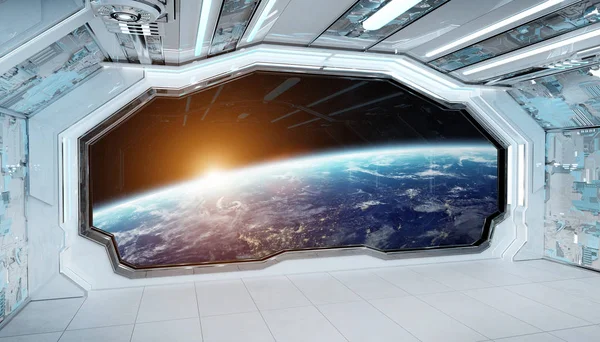 White blue spaceship futuristic interior with window view on pla — Stock Photo, Image