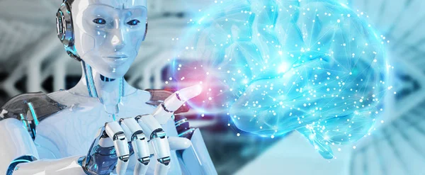 Hombre blanco humanoide creando inteligencia artificial 3D renderizado —  Fotos de Stock