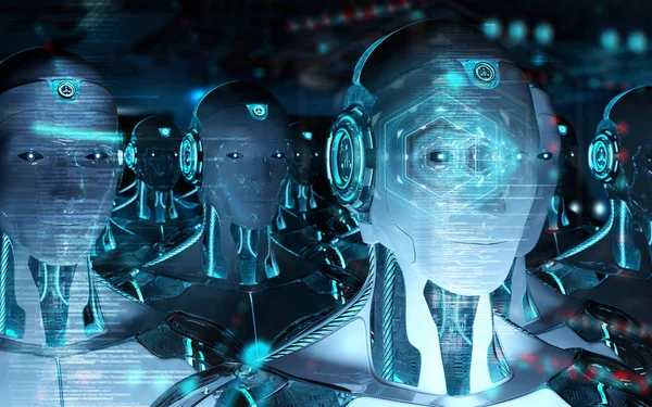 Grupo de cabeças de robôs masculinos usando telas holográficas digitais 3d ren — Fotografia de Stock