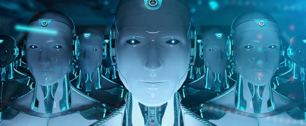 Grupo de robots masculinos siguiendo líder cyborg ejército 3d renderizado —  Fotos de Stock