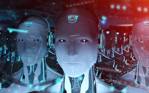 Groep van mannelijke robots na leider cyborg leger 3D-rendering — Stockfoto