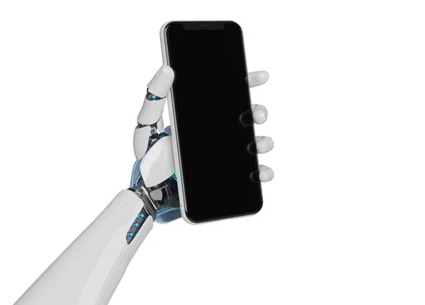 White robot hand holding smartphone mockup 3d rendering — Stock Photo, Image