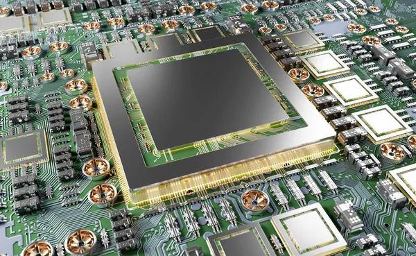 Vista de cerca de una tarjeta de GPU moderna con renderizado en circuito 3D — Foto de Stock