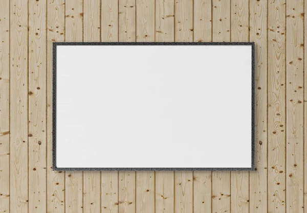 Черная прямоугольная горизонтальная рамка висит на белой стене mocku — стоковое фото