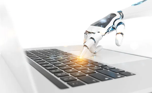 Witte robot cyborg hand op een toetsenbord op een laptop 3d rende te drukken — Stockfoto