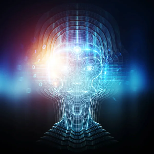 Robot cyborg cabeça inteligência artificial aprendizagem 3D renderização — Fotografia de Stock