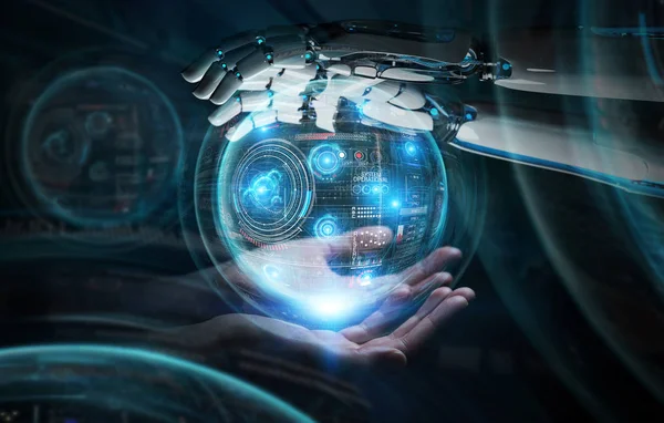 Mano de robot y mano humana tocando esfera digital gráfico interfac — Foto de Stock