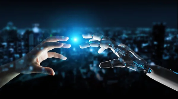 Robothånd i kontakt med menneskehånd på mørk bakgrunn 3D – stockfoto
