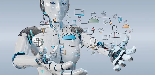 White robot controlling social network icons interface — Stock Photo, Image