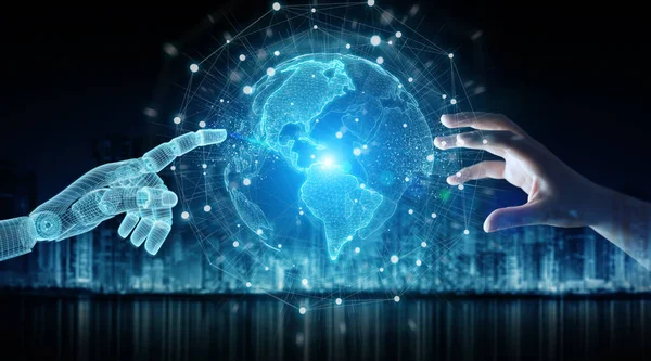 Wireframed robot ve insan el d üzerinde dijital dünyada dokunmadan