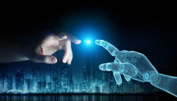Wireframed Robot mână de a face contact cu mâna umană pe întuneric 3D — Fotografie, imagine de stoc