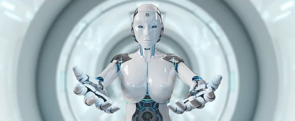 Biały dama cyborg otwarcie jej dwie ręce renderowania 3d — Zdjęcie stockowe