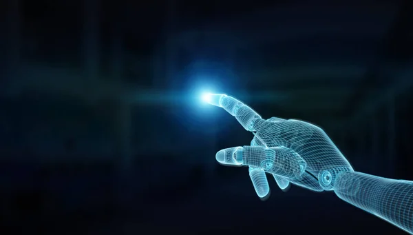 Рука синього робота, що вказує палець на темний 3D рендеринг — стокове фото