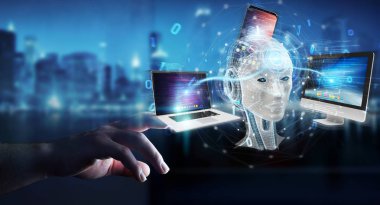 Beyaz insanımsı modern cihazlarla 3d r kontrol kullanarak iş adamı