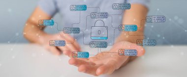 Onun veri ince çizgi güvenlik interfa ile koruma işadamı