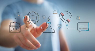 İnce çizgi sosyal ağ simgeleri arabirimini kullanarak iş adamı